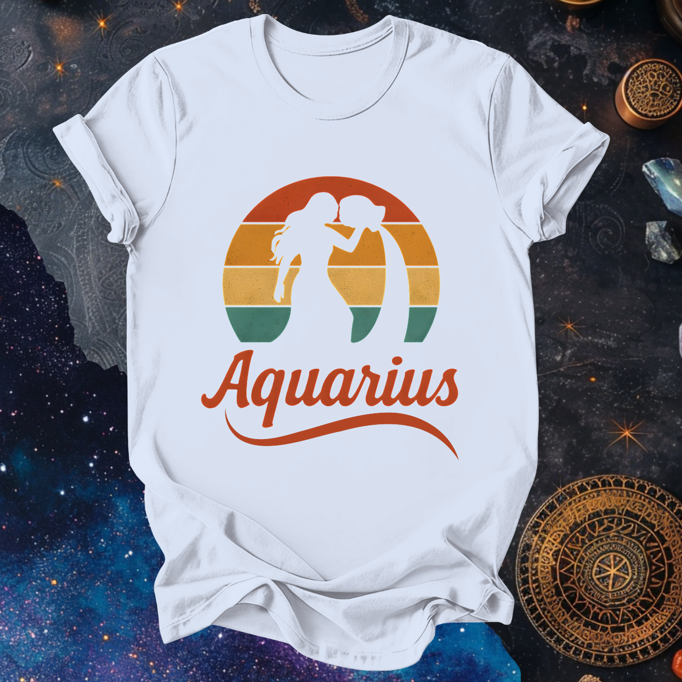 Aquarius - The Water Bearer’s Glow | Vintage Zodiac Sunset T-Shirt