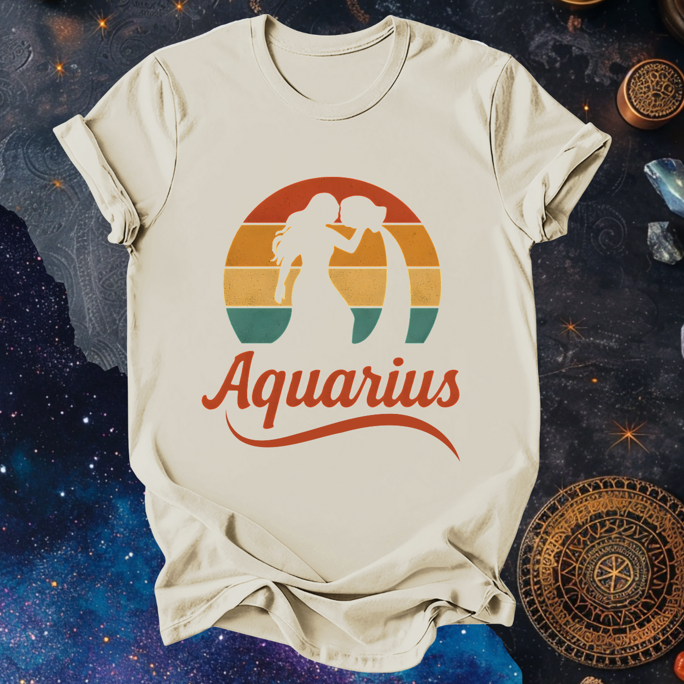 Aquarius - The Water Bearer’s Glow | Vintage Zodiac Sunset T-Shirt