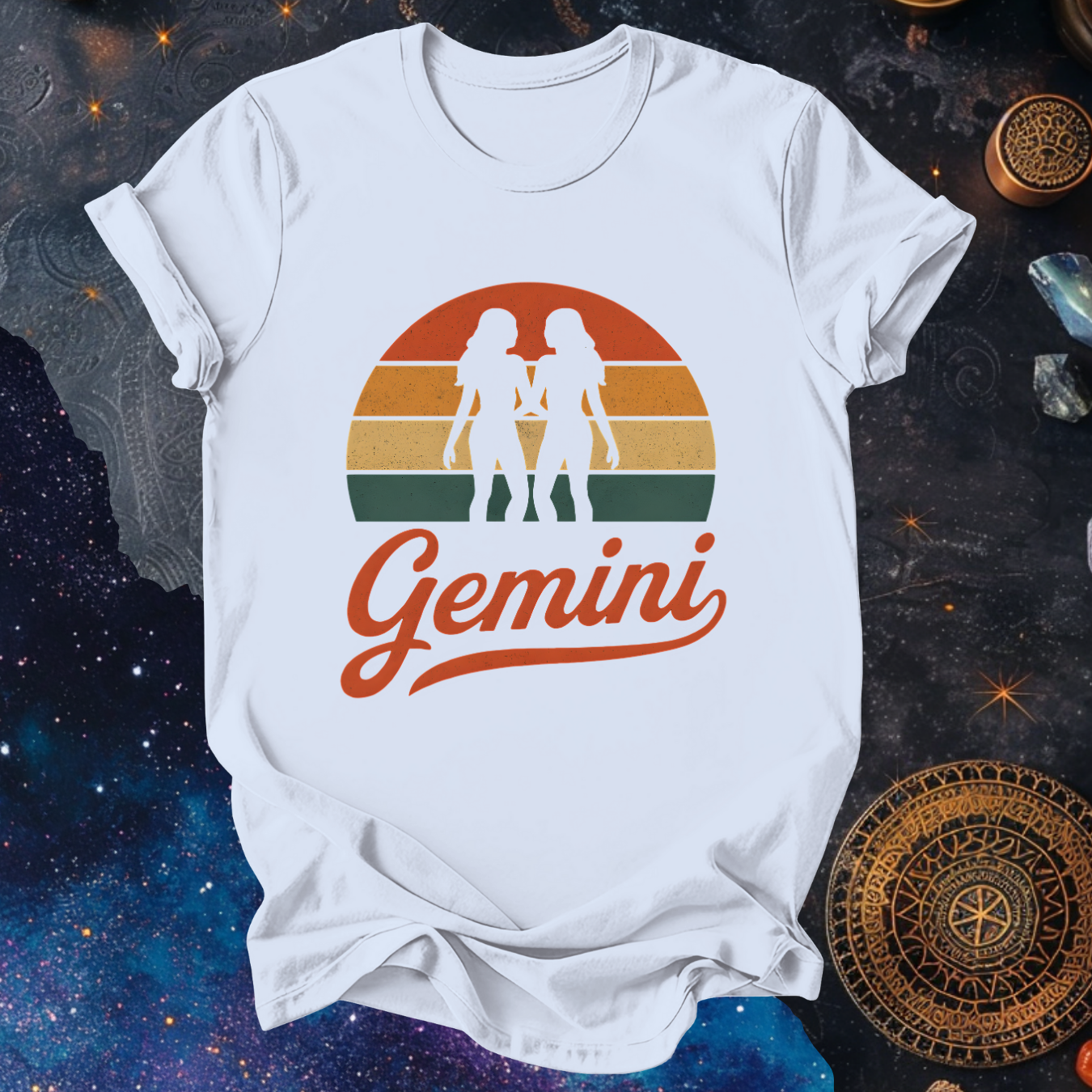 Gemini - The Cosmic Twins | Vintage Zodiac Sunset T-Shirt