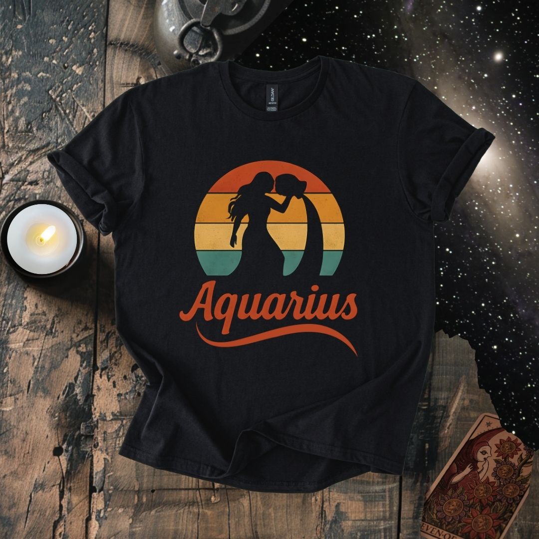 Aquarius - The Water Bearer’s Glow | Vintage Zodiac Sunset T-Shirt