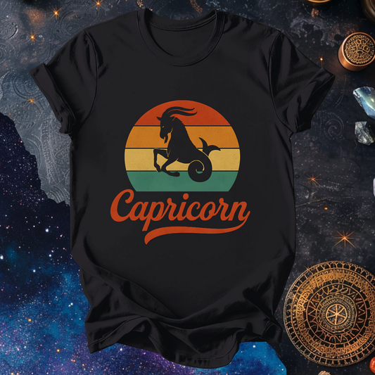 Capricorn - The Timeless Climb | Vintage Zodiac Sunset T-Shirt
