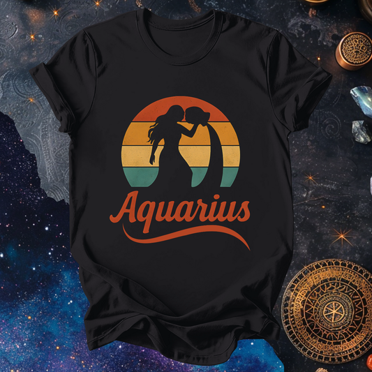 Aquarius - The Water Bearer’s Glow | Vintage Zodiac Sunset T-Shirt