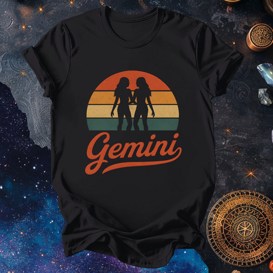Gemini - The Cosmic Twins | Vintage Zodiac Sunset T-Shirt
