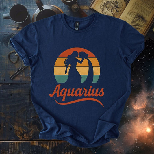 Aquarius - The Water Bearer’s Glow | Vintage Zodiac Sunset T-Shirt