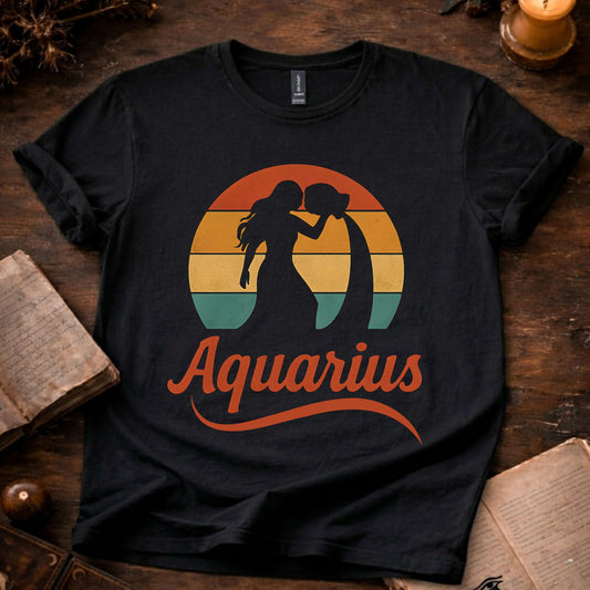Aquarius - The Water Bearer’s Glow | Vintage Zodiac Sunset T-Shirt