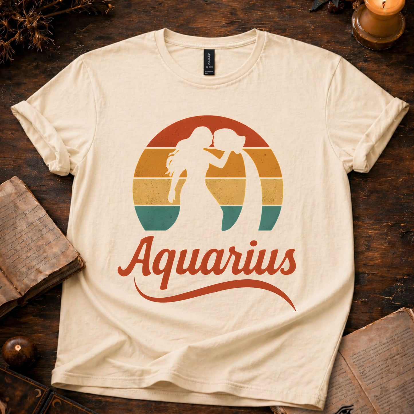 Aquarius - The Water Bearer’s Glow | Vintage Zodiac Sunset T-Shirt