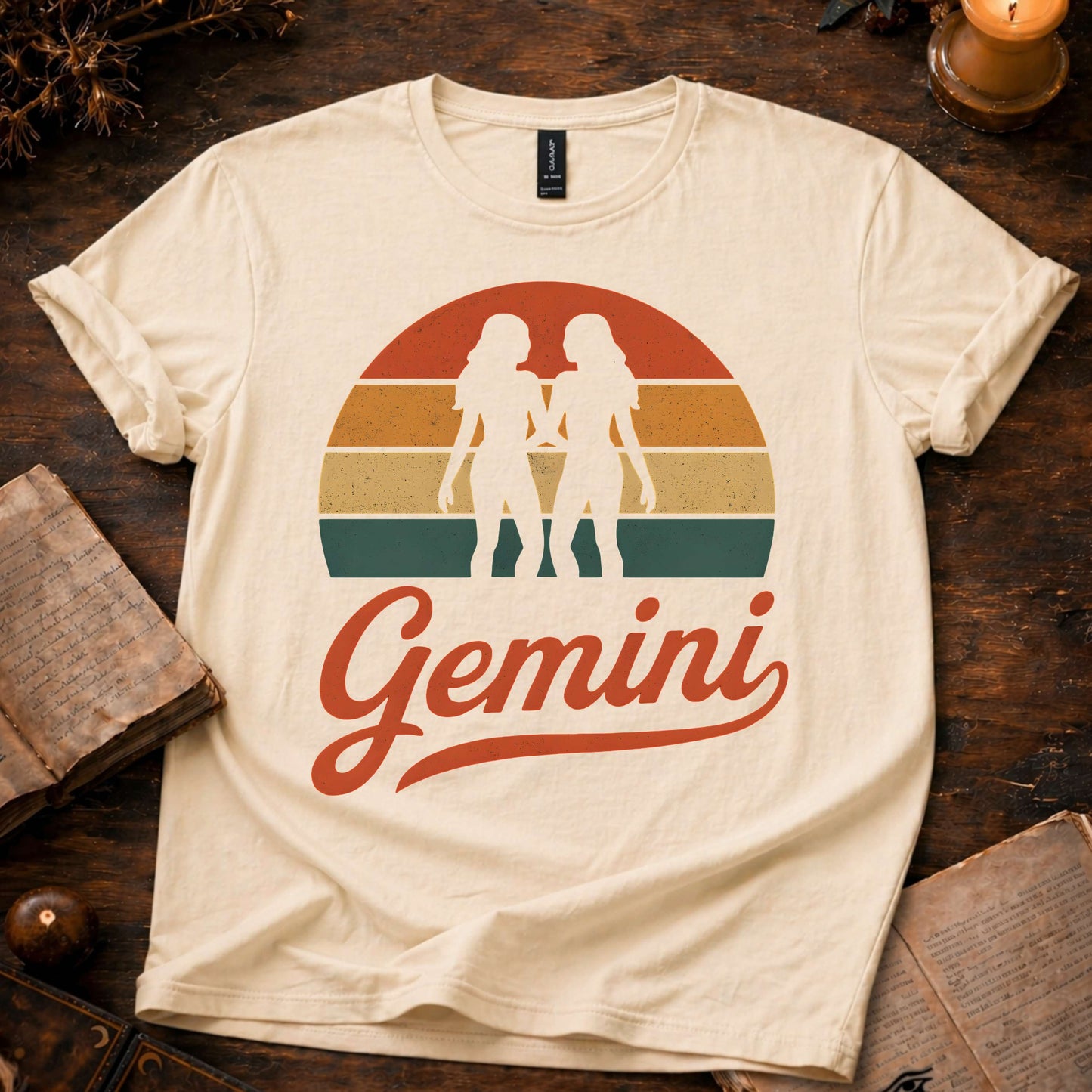 Gemini - The Cosmic Twins | Vintage Zodiac Sunset T-Shirt