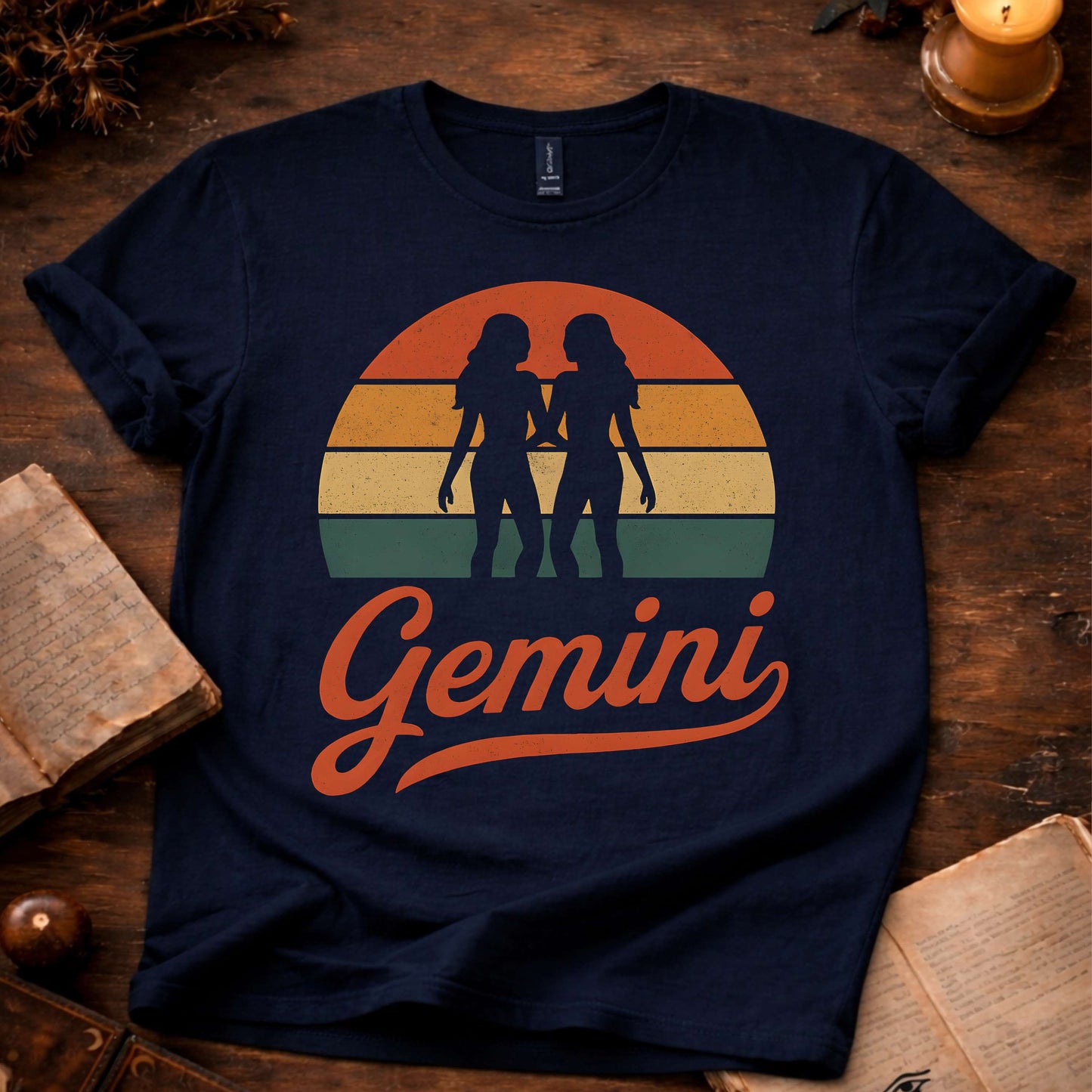 Gemini - The Cosmic Twins | Vintage Zodiac Sunset T-Shirt