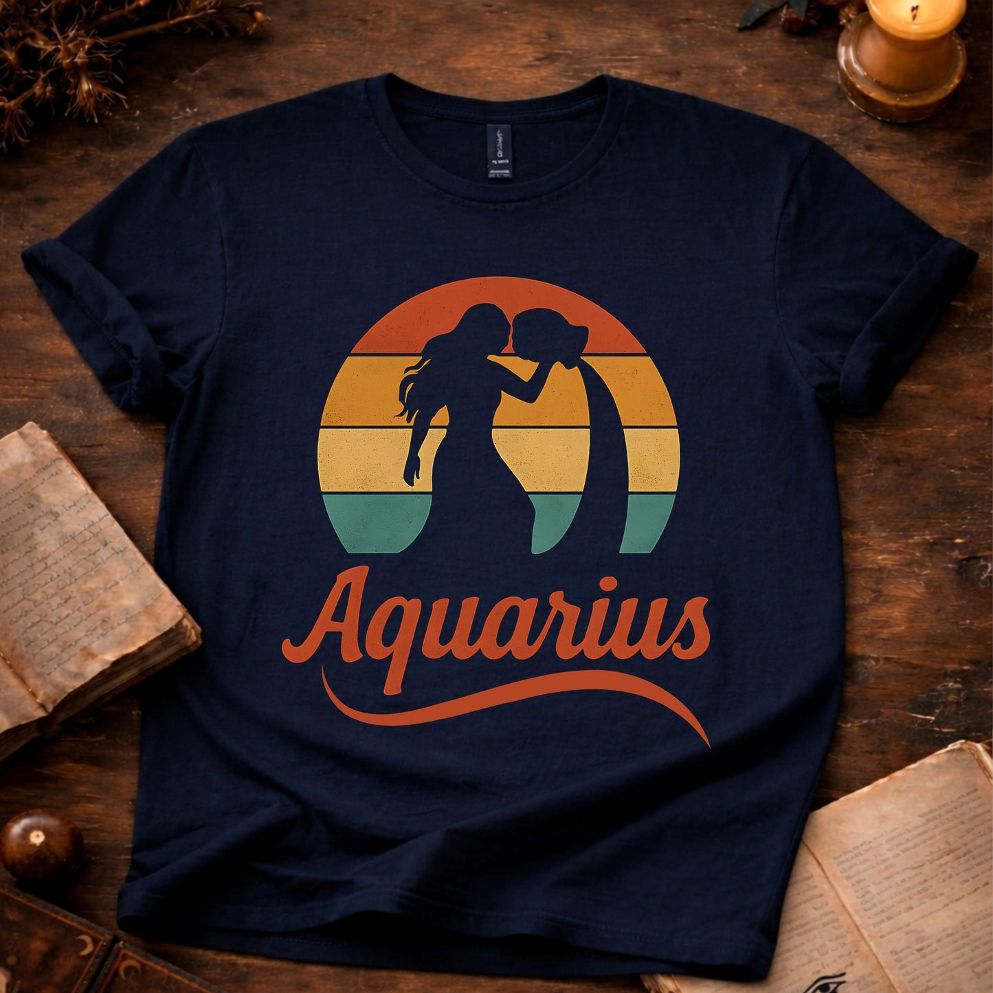Aquarius - The Water Bearer’s Glow | Vintage Zodiac Sunset T-Shirt