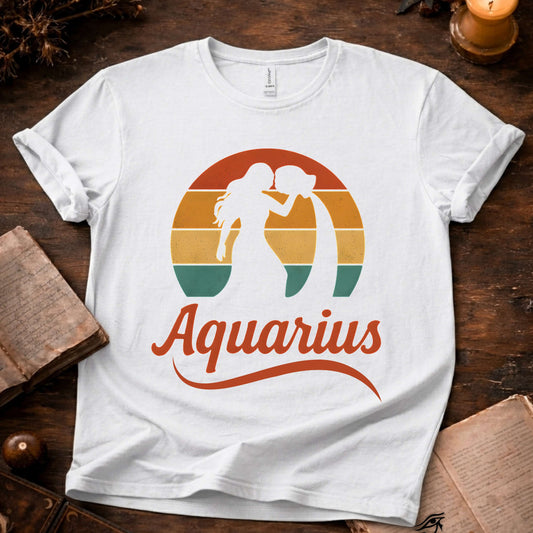 Aquarius - The Water Bearer’s Glow | Vintage Zodiac Sunset T-Shirt